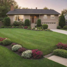 Front view of a suburban house at sunset with green lawn and blooming flowers