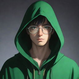 Anime style male character obscured in a green magician's hood, his face in shadow but accentuated by a pair of glasses.