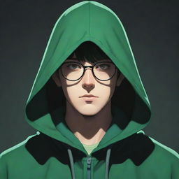 Anime style male character obscured in a green magician's hood, his face in shadow but accentuated by a pair of glasses.