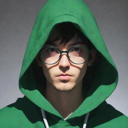 Anime style male character obscured in a green magician's hood, his face in shadow but accentuated by a pair of glasses.