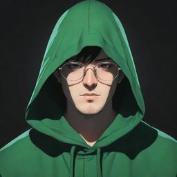 Anime style male character obscured in a green magician's hood, his face in shadow but accentuated by a pair of glasses.