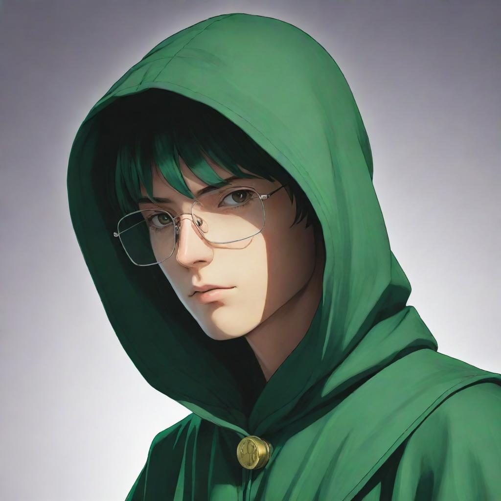 Anime-style male character wearing a green magician's hood, his face enshrouded in shadow, yet accentuated by a pair of distinct rectangular glasses.