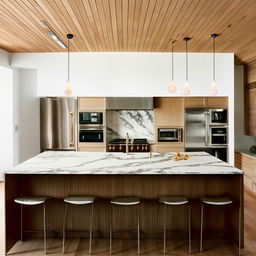 Modern kitchen interior design with island and pendant lights, minimalist style, high-end appliances, hardwood floors, white marble countertops.