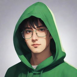 Anime-style male character wearing a green magician's hood, his face enshrouded in shadow, yet accentuated by a pair of distinct rectangular glasses.