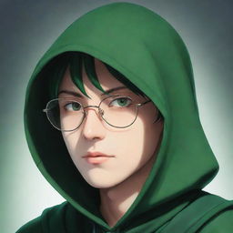 Anime-style male character wearing a green magician's hood, his face enshrouded in shadow, yet accentuated by a pair of distinct rectangular glasses.