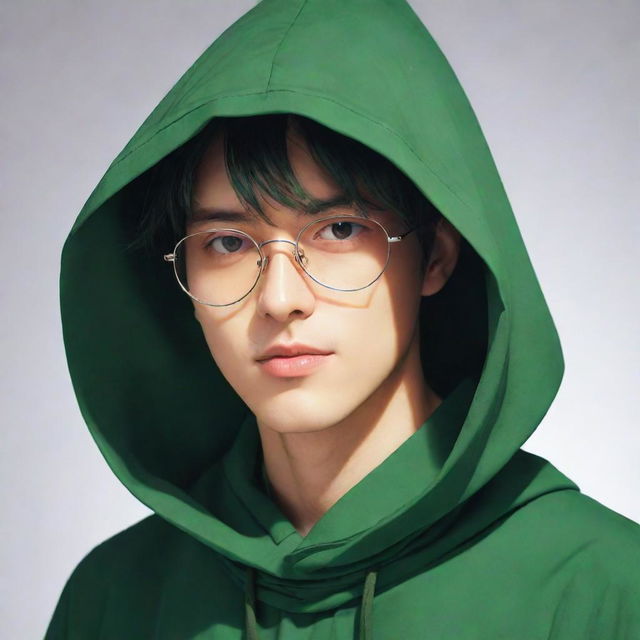 Anime-style male character wearing a green magician's hood, his face enshrouded in shadow, yet accentuated by a pair of distinct rectangular glasses.