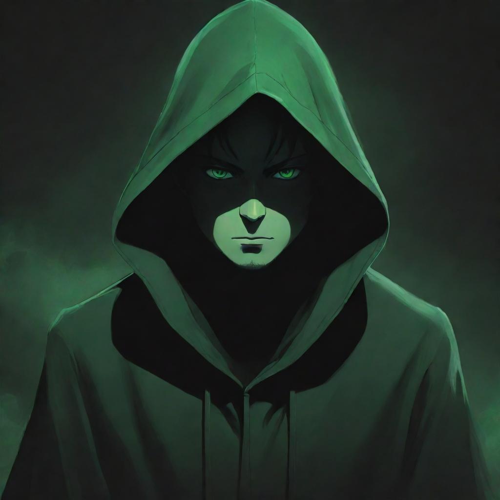 Anime-style male character shrouded in a green magician's hood, his face obscured by a shadow, surrounded by a murky black aura.