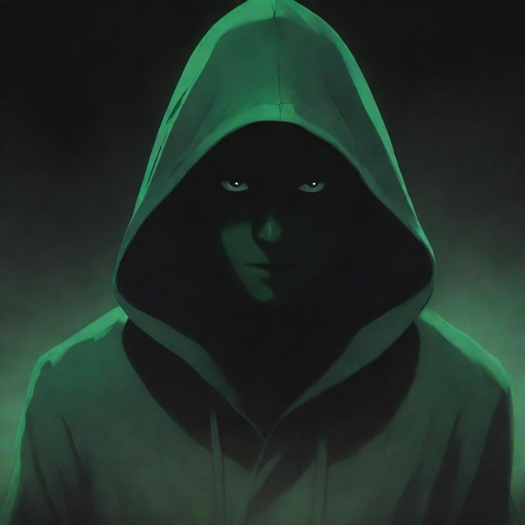 Anime-style male character shrouded in a green magician's hood, his face obscured by a shadow, surrounded by a murky black aura.