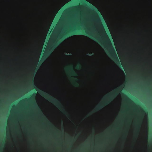 Anime-style male character shrouded in a green magician's hood, his face obscured by a shadow, surrounded by a murky black aura.