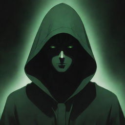 Anime-style male character shrouded in a green magician's hood, his face obscured by a shadow, surrounded by a murky black aura.