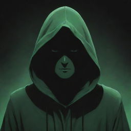 Anime-style male character shrouded in a green magician's hood, his face obscured by a shadow, surrounded by a murky black aura.