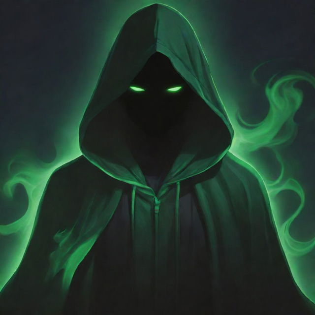 Anime-style male character, shrouded in a green magician's hood with his face obscured in shadow, emanating a dark, black aura.