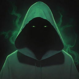 Anime-style male character, shrouded in a green magician's hood with his face obscured in shadow, emanating a dark, black aura.