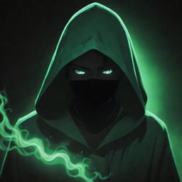 Anime-style male character, shrouded in a green magician's hood with his face obscured in shadow, emanating a dark, black aura.