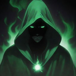 Anime-style male character, shrouded in a green magician's hood with his face obscured in shadow, emanating a dark, black aura.