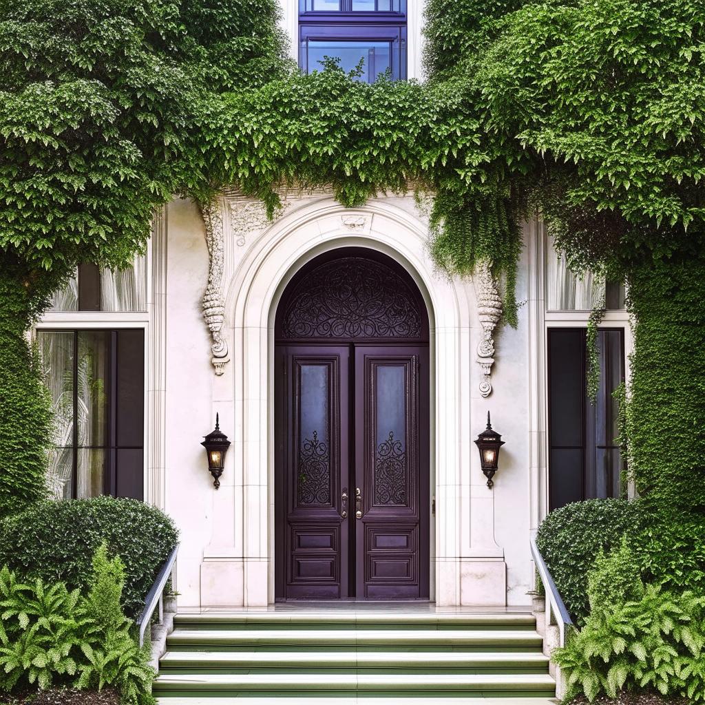 Grand, attractive building entrance with intricate designs, lush greenery, and elegant doors