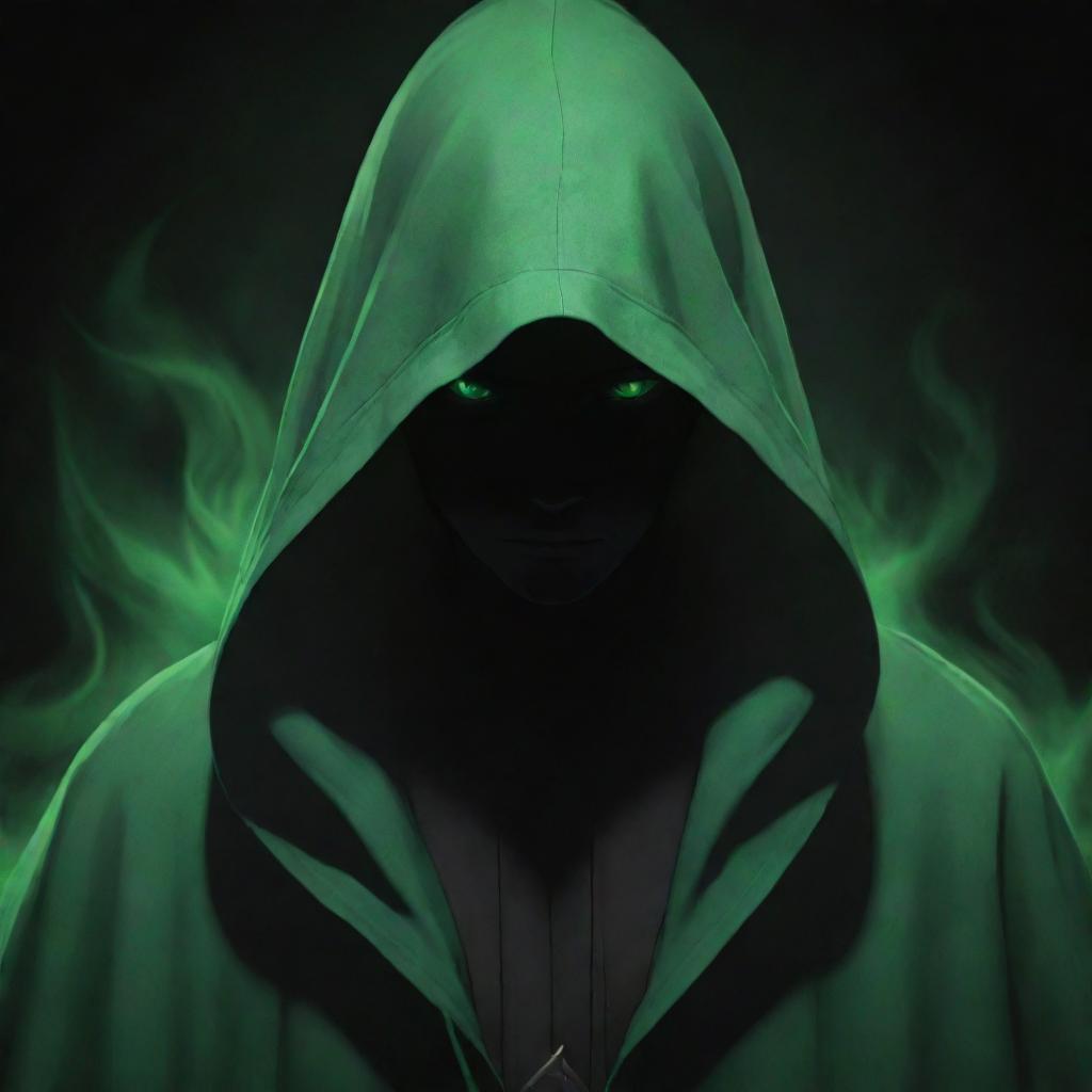 Anime-style male character enveloped in a green magician's hood with face hidden in shadow, surrounded by an ominous black aura.