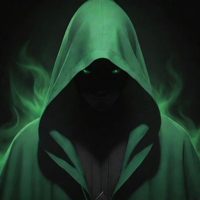 Anime-style male character enveloped in a green magician's hood with face hidden in shadow, surrounded by an ominous black aura.