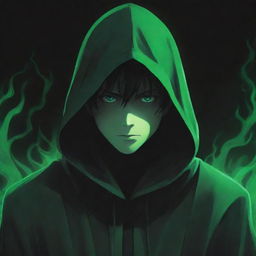 Anime-style male character enveloped in a green magician's hood with face hidden in shadow, surrounded by an ominous black aura.