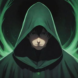 Anime-style male character enveloped in a green magician's hood with face hidden in shadow, surrounded by an ominous black aura.