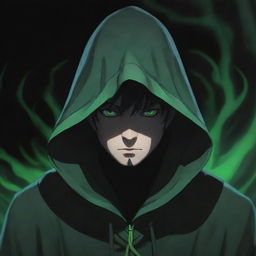 Anime-style male character enveloped in a green magician's hood with face hidden in shadow, surrounded by an ominous black aura.