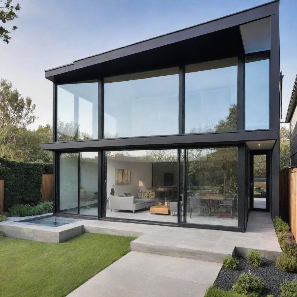 A modern contemporary house facade with sleek lines, large glass windows, and sophisticated design elements