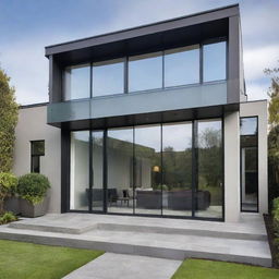 A modern contemporary house facade with sleek lines, large glass windows, and sophisticated design elements