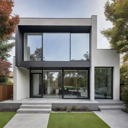 A modern contemporary house facade with sleek lines, large glass windows, and sophisticated design elements