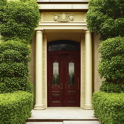 Grand, attractive building entrance with intricate designs, lush greenery, and elegant doors