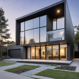 A modern contemporary house facade with sleek lines, large glass windows, and sophisticated design elements