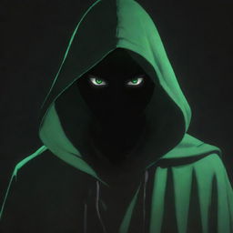 Anime-style male character shrouded in a green magician's hood, his face hidden in shadow, radiating a dark, black aura.