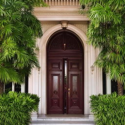 Grand, attractive building entrance with intricate designs, lush greenery, and elegant doors