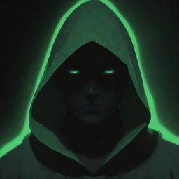 Anime-style male character shrouded in a green magician's hood, his face hidden in shadow, radiating a dark, black aura.