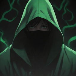 Anime-style male character shrouded in a green magician's hood, his face hidden in shadow, radiating a dark, black aura.