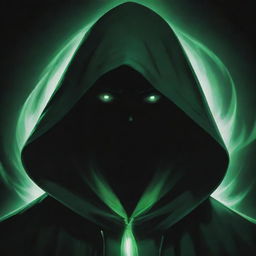 Anime-style male character shrouded in a green magician's hood, his face hidden in shadow, radiating a dark, black aura.