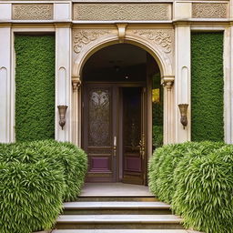 Grand, attractive building entrance with intricate designs, lush greenery, and elegant doors