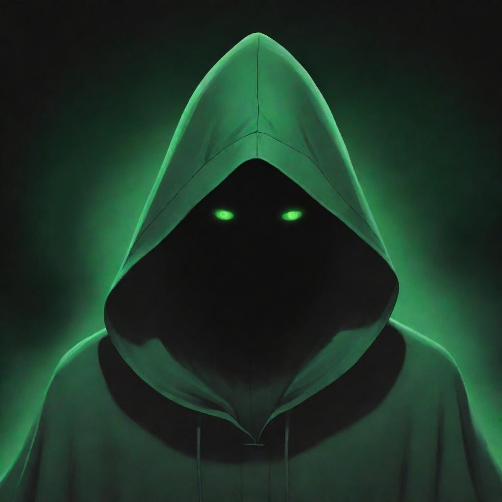 Anime-style male character enshrouded in a green magician's hood, with face obscured by shadow, encircled by a foreboding black aura.