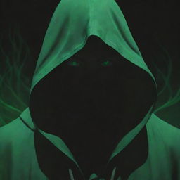 Anime-style male character enshrouded in a green magician's hood, with face obscured by shadow, encircled by a foreboding black aura.