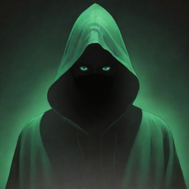 Anime-style male character enshrouded in a green magician's hood, with face obscured by shadow, encircled by a foreboding black aura.