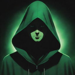 Anime-style male character enshrouded in a green magician's hood, with face obscured by shadow, encircled by a foreboding black aura.