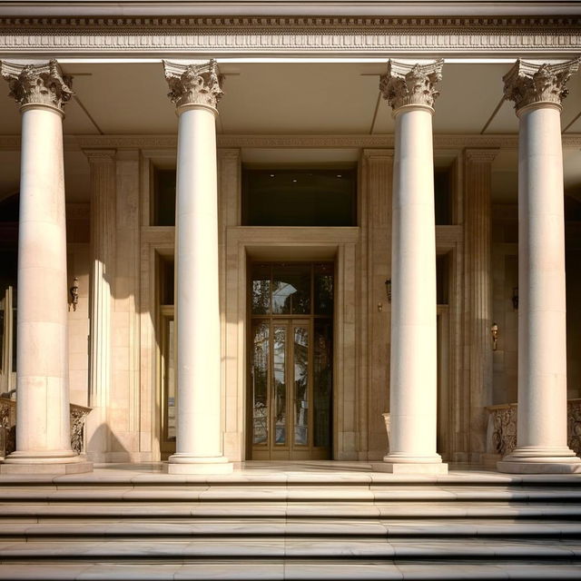 Attractive neoclassical building entrance with columns, grand steps, and ornate details