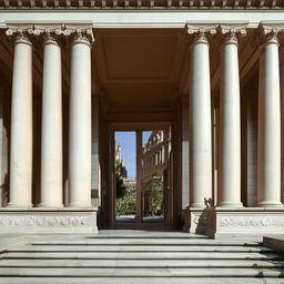 Attractive neoclassical building entrance with columns, grand steps, and ornate details