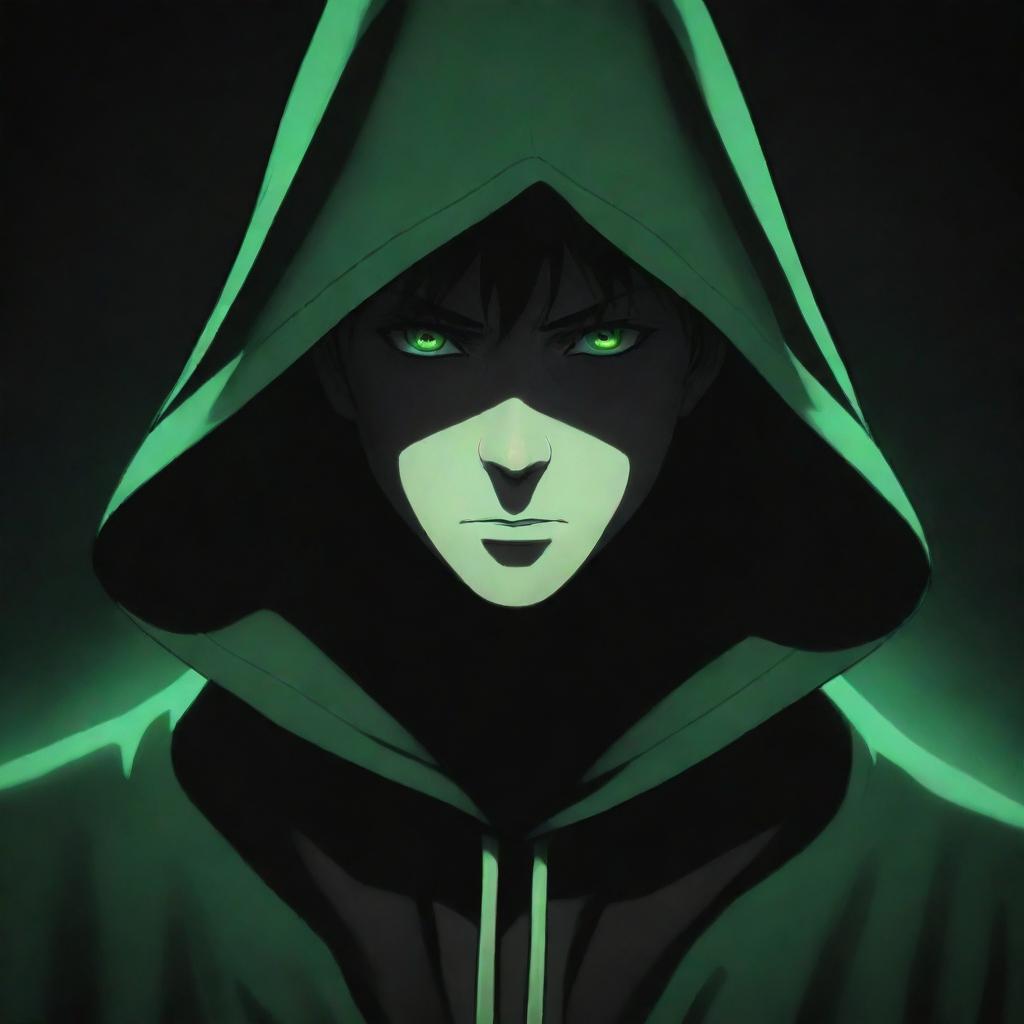 Anime style mysterious male character wearing a green magician's hood, face enshrouded in dark shadow, exuding a dark black aura.