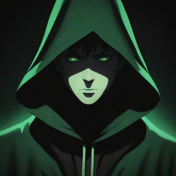 Anime style mysterious male character wearing a green magician's hood, face enshrouded in dark shadow, exuding a dark black aura.