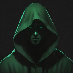 Anime style mysterious male character wearing a green magician's hood, face enshrouded in dark shadow, exuding a dark black aura.