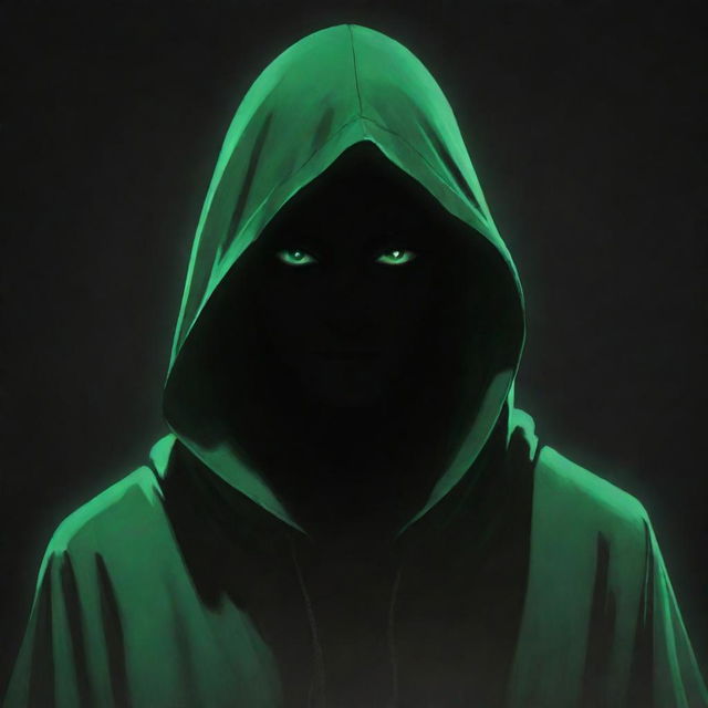 Anime style mysterious male character wearing a green magician's hood, face enshrouded in dark shadow, exuding a dark black aura.