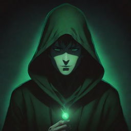 Anime style mysterious male character wearing a green magician's hood, face enshrouded in dark shadow, exuding a dark black aura.