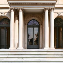 Attractive neoclassical building entrance with columns, grand steps, and ornate details