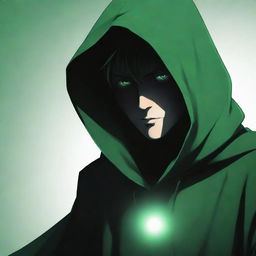 Anime style mysterious male character wearing a green magician's hood, face obscured in deep shadow, giving off a black aura.