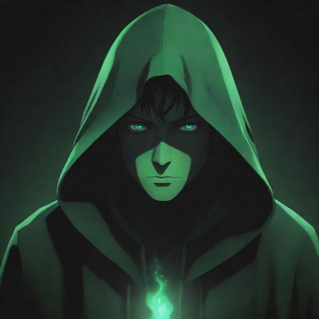 Anime style mysterious male character wearing a green magician's hood, face obscured in deep shadow, giving off a black aura.